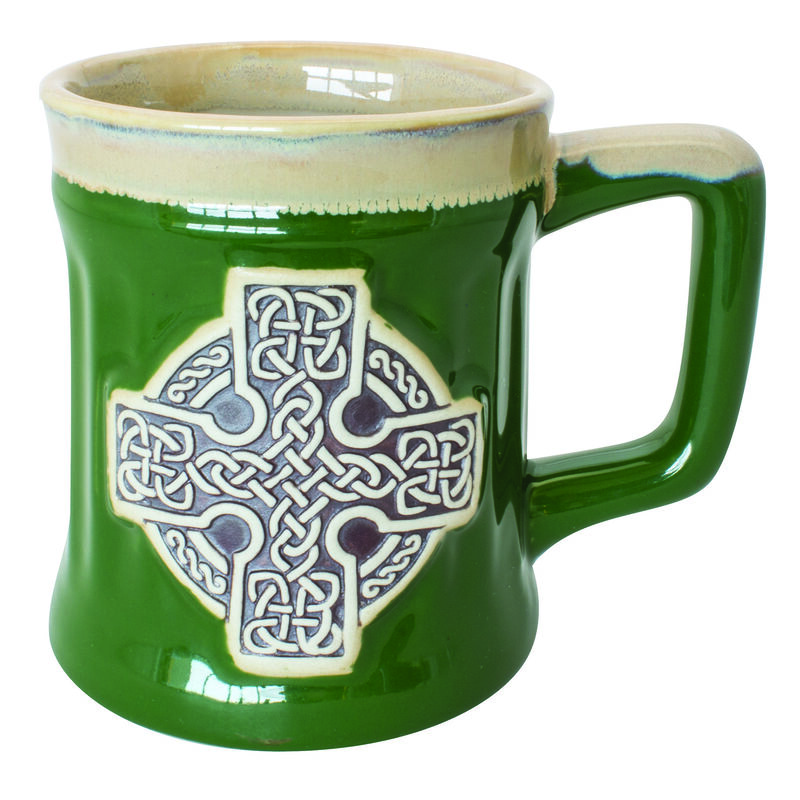 Irish Designed Pottery Mug With A Celtic Cross Design, Green Colour